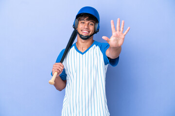 Baseball caucasian man player with helmet and bat isolated on blue background counting five with fingers
