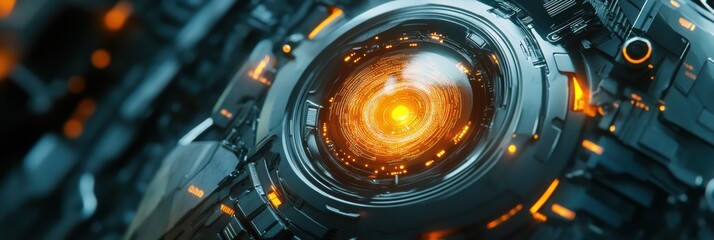 Robotic eye emitting soft glow surrounded by intricate circuits in a futuristic setting. Generative AI