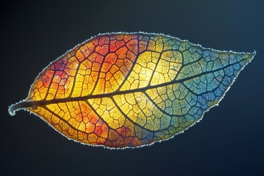 A vibrant autumn leaf showing the transition of colors under a microscope.