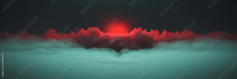 Poster a moody scene where deep shadows interplay with the vivid red plumes, each curl of smoke backlit by