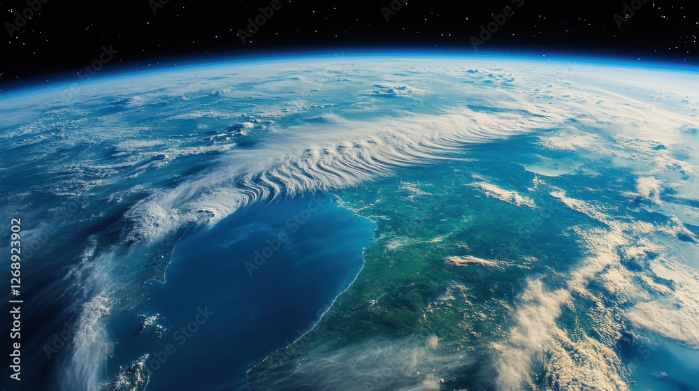 Poster striking view of ocean waves from space capturing coastal landscape and clouds over the earth. gener