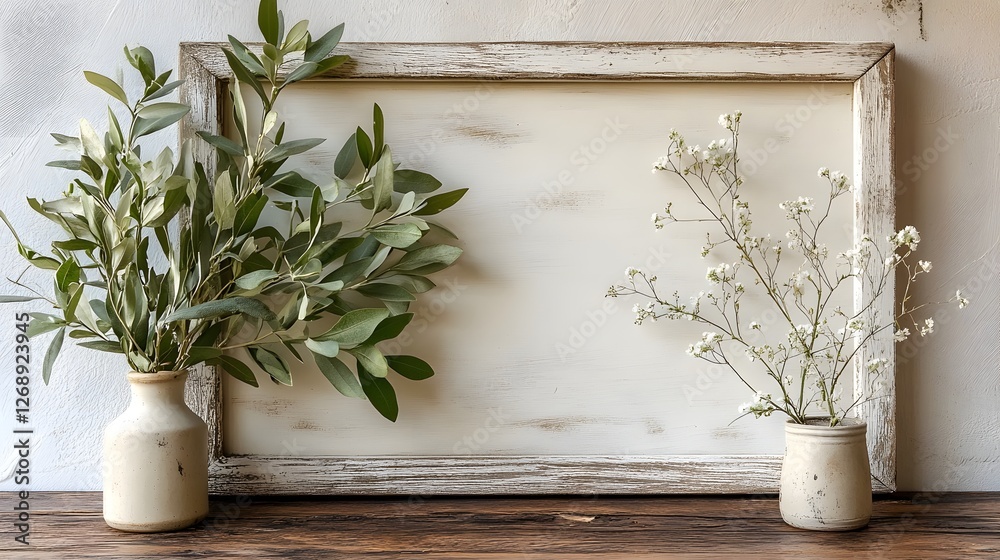 Aufkleber cozy rustic farmhouse decor with a wooden frame displaying a vase of fresh greenery and branches aga