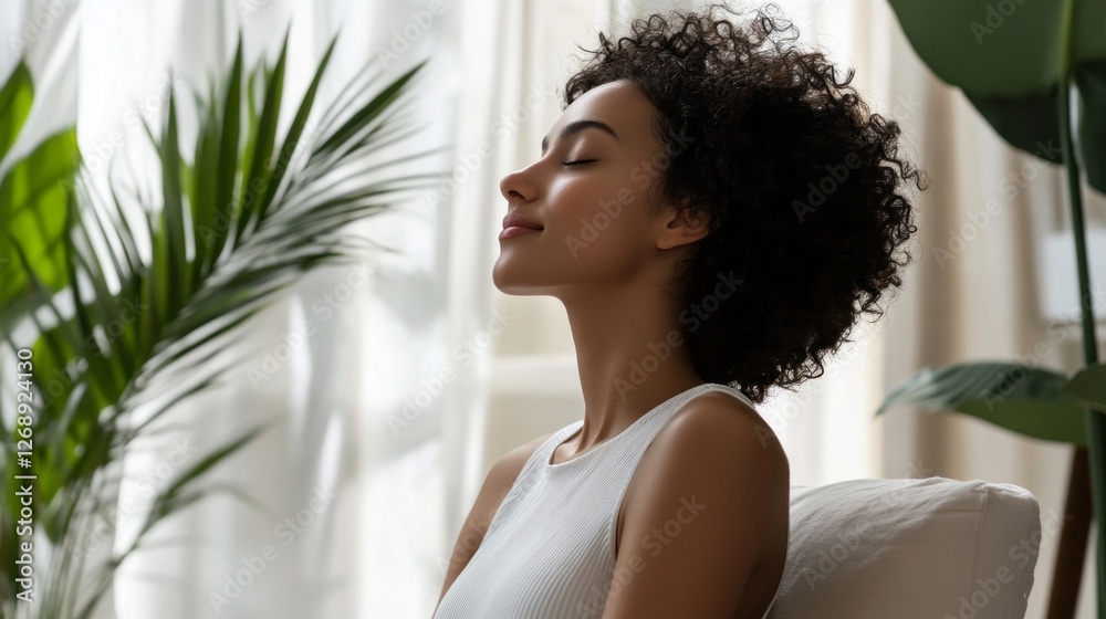 Poster a serene woman with curly hair sits calmly, indulging in a moment of tranquility while basking in so