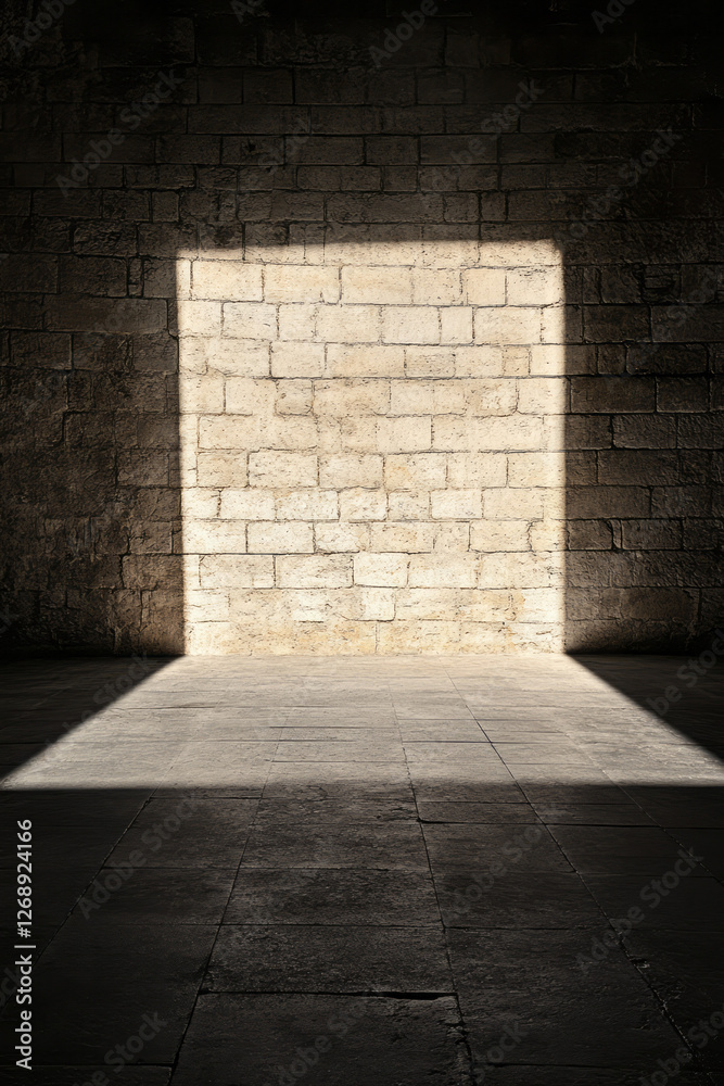 Poster a moody composition where half the wall stands in soft shadow, while the sunlit portion glows