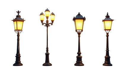 Elegant Illuminated Vintage Street Lamp Posts Classic Ornate Design Night Lighting