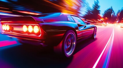 Obraz premium Dynamic night scene of a sleek sports car racing through illuminated city streets
