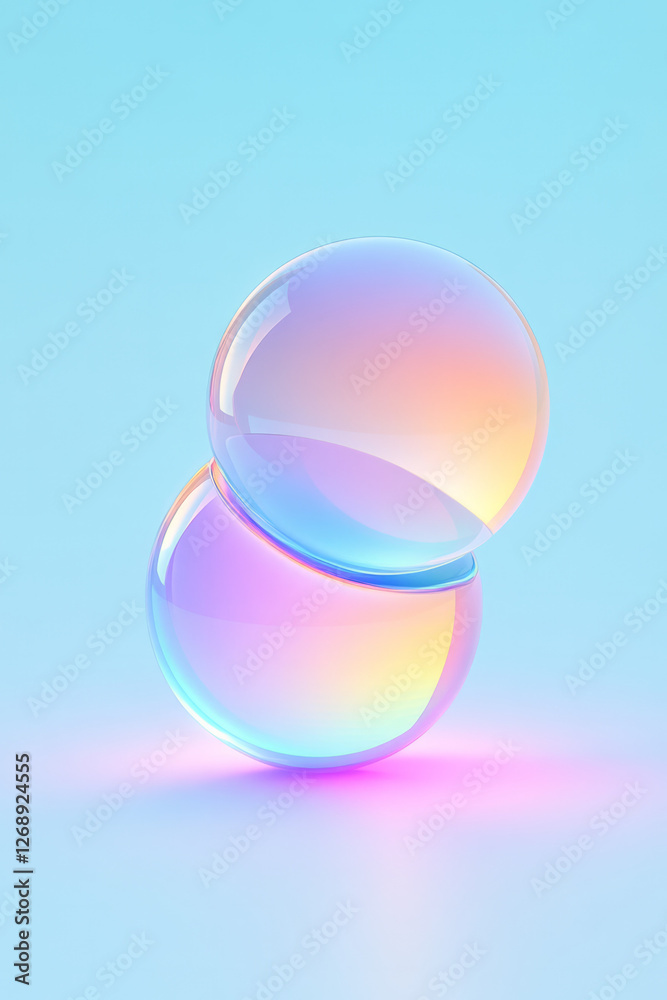 Poster a side-view angle of two overlapping spheres, their neon hues interacting to form a striking purple