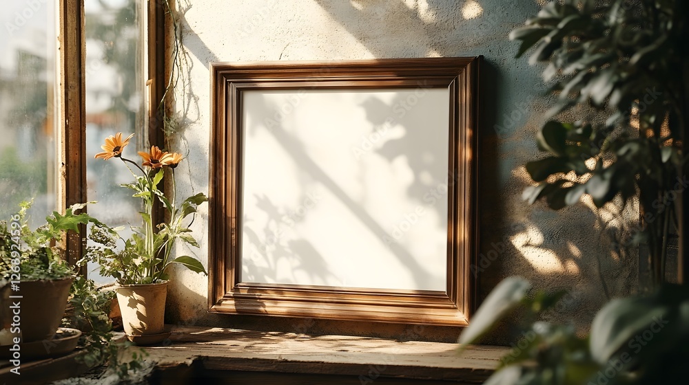 Poster cozy wooden frame on a windowsill in a rustic natural inspired interior setting surrounded by potted