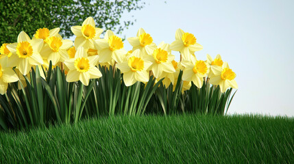 Fototapeta premium Bright yellow daffodils blooming in lush green grass under clear sky