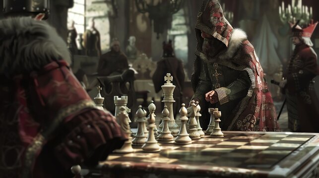A man in a red and gold robe is playing chess with a man in a black and grey outfit. The chessboard is set up on a table between them.