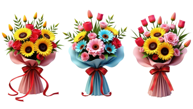 Vibrant Sunflowers Roses Gerbera Daisies Bouquet Wrapped in Colorful Paper