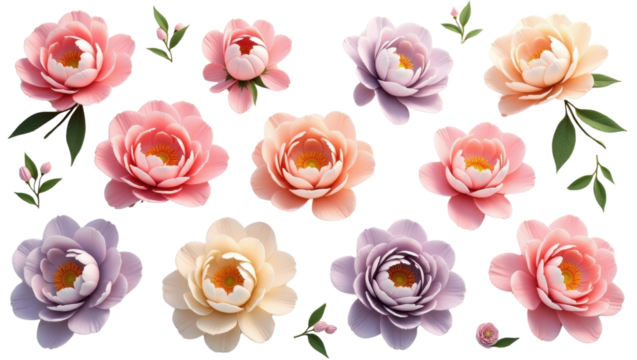 Collection of Pastel Pink Peach and Purple Peonies Floral Design Elements Spring Flowers