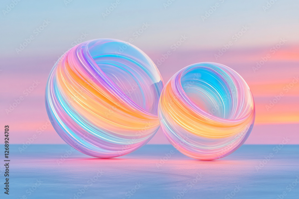 Aufkleber a partially transparent sphere revealing swirling neon patterns inside, adjacent to another orb