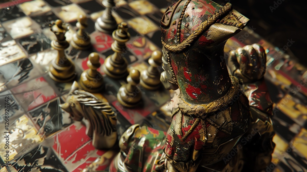 Wall mural 3d rendering of a chessboard with a knight in the foreground.