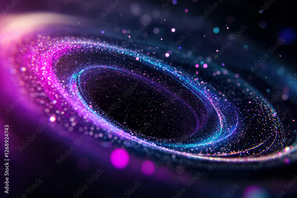 Poster an abstract cosmic background swirling with neon lights, dotted by small energy globes each pulsing