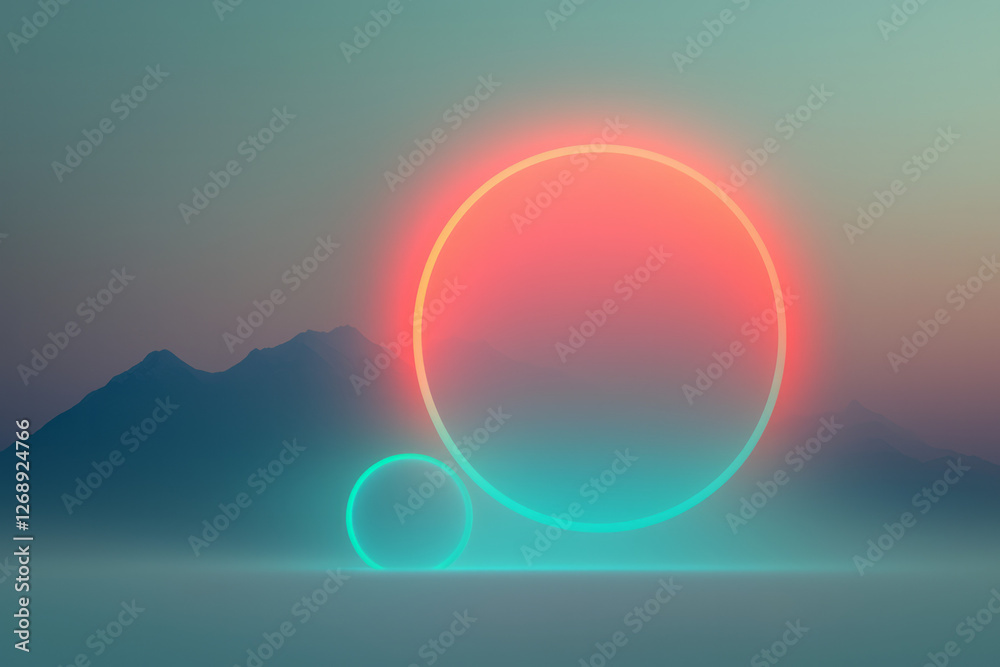 Poster A minimal composition of three glowing orbs orbiting each other, with gradients of neon blue and