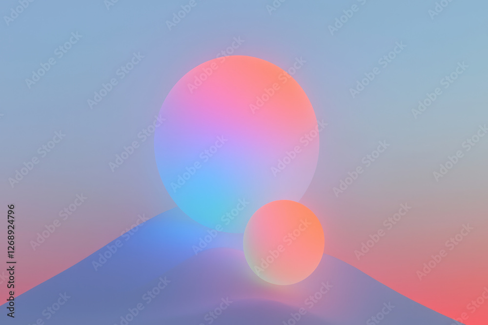 Poster a minimal composition of three glowing orbs orbiting each other, with gradients of neon blue and