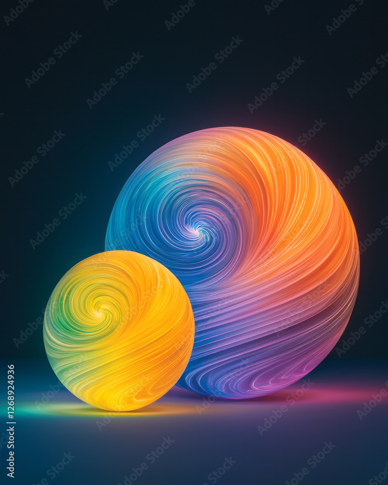 Aufkleber a partially transparent sphere revealing swirling neon patterns inside, adjacent to another orb