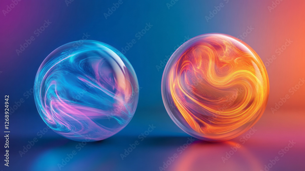 Poster A partially transparent sphere revealing swirling neon patterns inside, adjacent to another orb