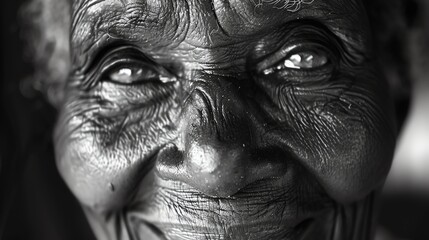 Obraz premium Close-up portrait of an elderly woman's face. The woman has dark skin and her face is wrinkled. She is smiling and looking at the camera.
