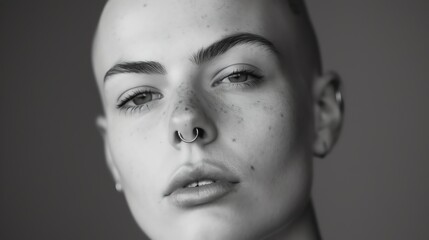 A black and white portrait of a young woman with short hair and a nose ring. She is looking at the camera with a serious expression.