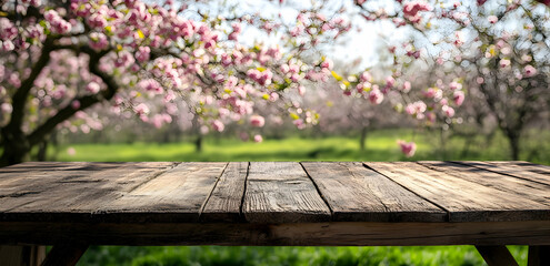 Naklejka premium Old wooden table with a spring nature background, a blurred green meadow