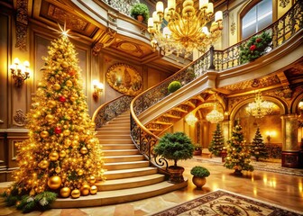 Obraz premium Festive Golden Christmas Decor in Architectural Setting - Sparkling Holiday Interior