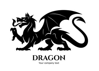 Vector illustration of standing heraldic dragon in black silhouette style with text.