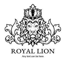 Vector illustration of lion head with crown, ornament and text.