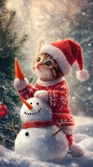 Festive feline creates winter wonder, building a snowman on a snowy day