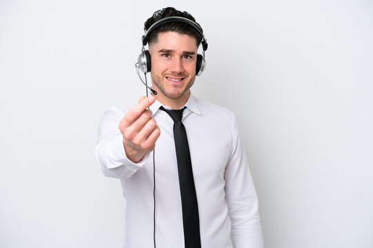 Telemarketer caucasian man isolated on white background making money gesture - Powered by Adobe