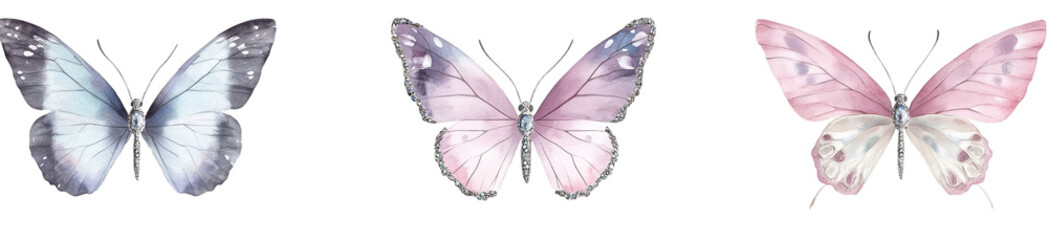 Elegant watercolor butterflies with pastel wings display unique patterns