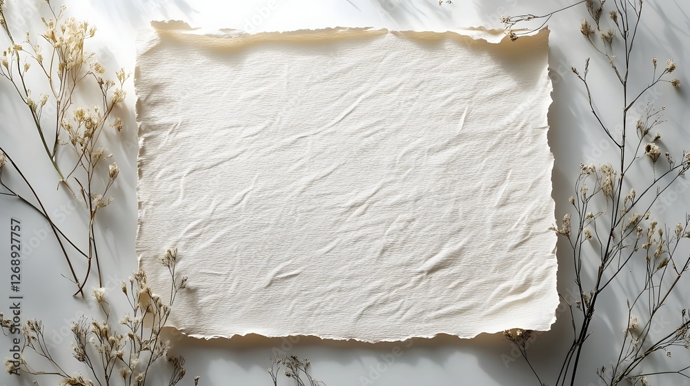 Aufkleber crumpled textured paper parchment backdrop with delicate dried floral twigs and branches creating a 