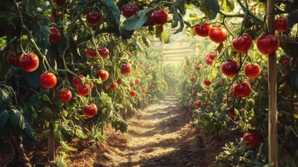 A lush vegetable garden with ripe red tomatoes hanging on green vines under the warm sunlight.