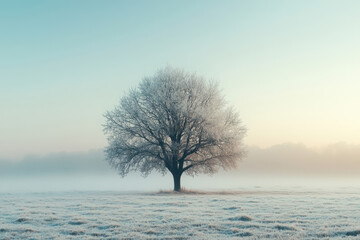 lone tree covered in frost stands in a misty winter landscape at dawn. The frozen grass and soft pastel sky create a serene and peaceful atmosphere, evoking solitude, calm, and the beauty of nature