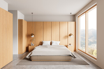 Modern bedroom with wooden panel walls, large windows, and stylish design. 3D Rendering