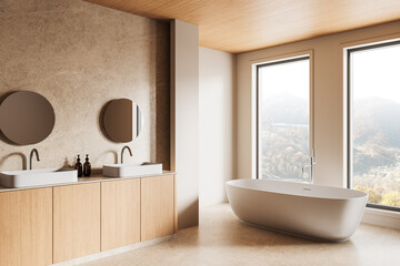 Modern bathroom interior with freestanding bathtub and wooden double sink vanity. 3D Rendering