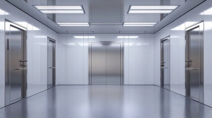 A modern elevator lobby featuring sleek metallic doors, bright lighting, and a polished floor, creating a minimalist and professional atmosphere.