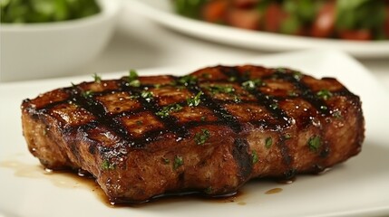 A grilled steak garnished with herbs, served on a white plate.
