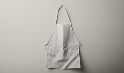 White apron hanging against simple neutral backdrop.