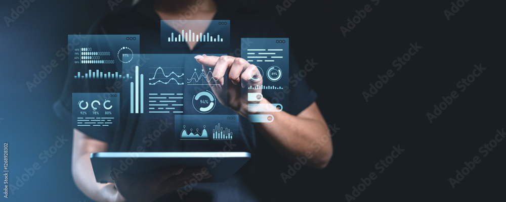 Poster digital data visualization with interactive graphs and analytics interface.