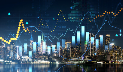 Financial holographic charts over Manhattan skyline at night.