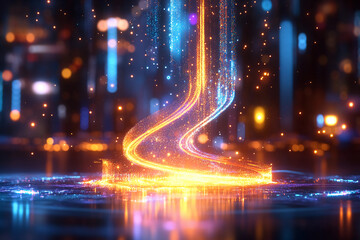 Echo Hologram Transmission - A holographic display of data or symbols transmitting across a digital space, leaving a glowing echo-like light trail that fades and reverberates