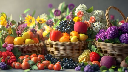 Abundant Summer Harvest Wicker Baskets Overflowing with Fresh Fruit and Vibrant Flowers