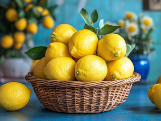 Freshly harvested lemons in a woven basket