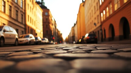 Obraz premium Cobblestone street at sunset with lined cars and historic buildings in a vibrant cityscape
