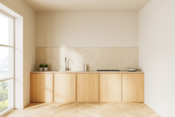 Minimalist modern kitchen with wooden cabinets and natural light. 3D Rendering
