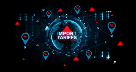 Import tariffs increase concept with digital globe and percentage markers. 3D Rendering