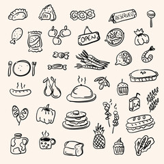 Hand drawn food doodles illustration set. Sketch style delivery cafe and restaurant icons. Set vector illustration doodles of food, drink, dessert, beverage for invitations, menus and parties. 