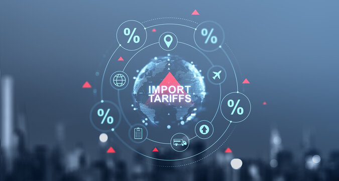 Import tariffs increase concept with global trade symbols.